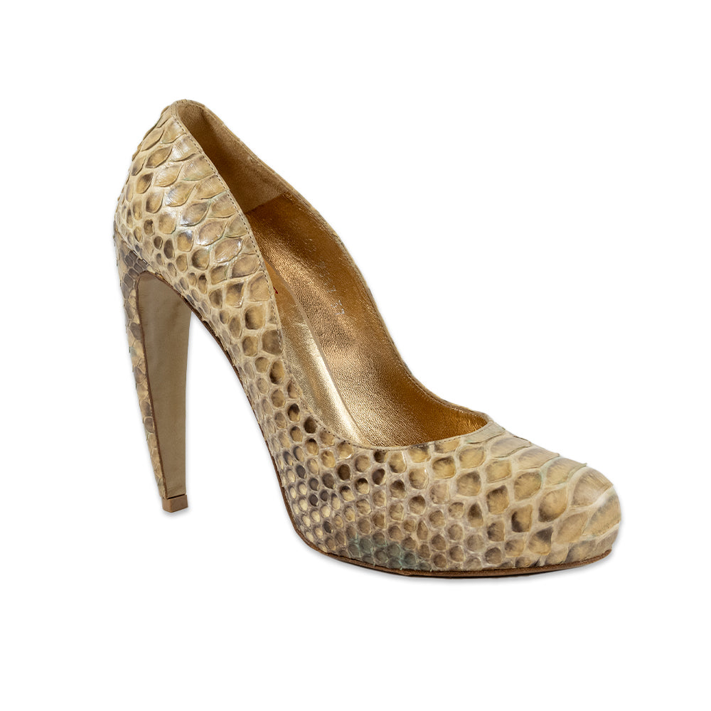 Walter Steiger Round Toe Yellow Snake Skin Pumps