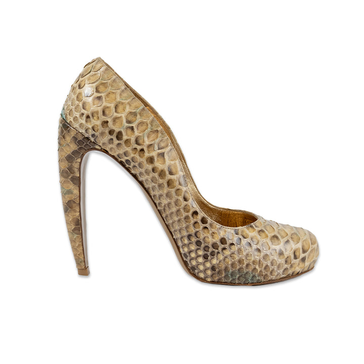 Walter Steiger Round Toe Yellow Snake Skin Pumps