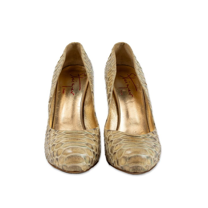 Walter Steiger Round Toe Yellow Snake Skin Pumps