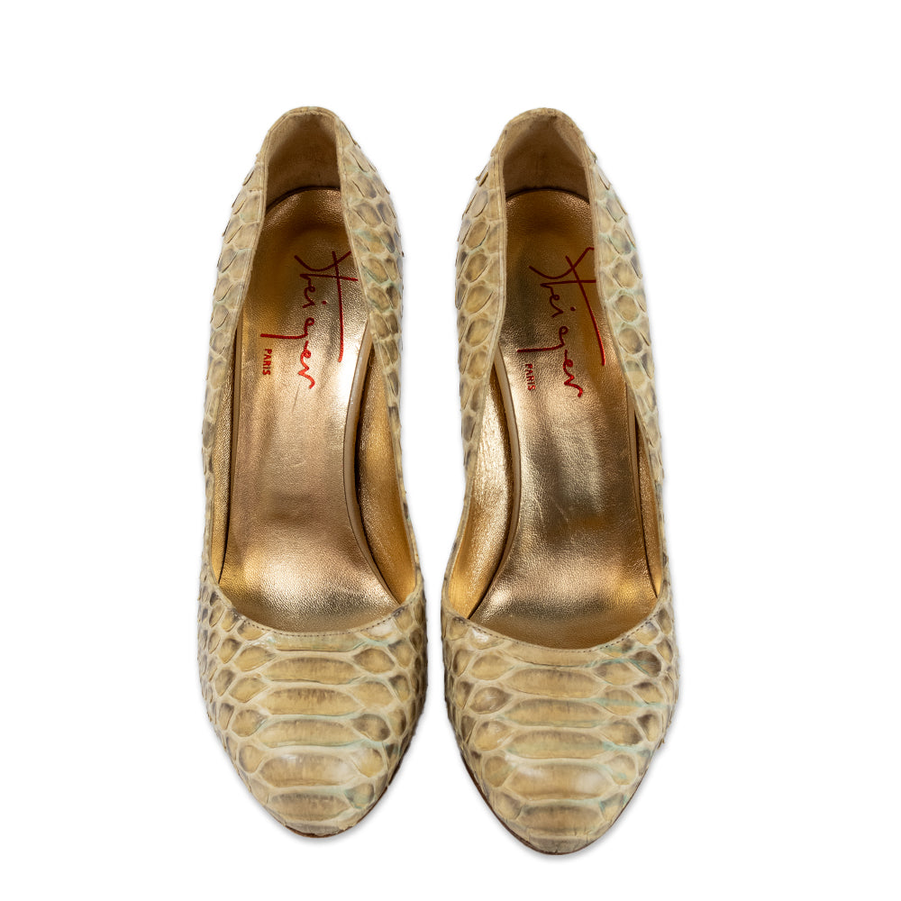 Walter Steiger Round Toe Yellow Snake Skin Pumps