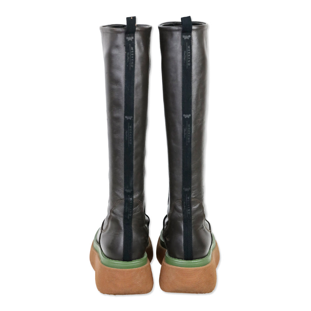 Weekend MaxMara Flou Brown Leather Knee High Platform Boots