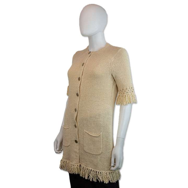 Worth Cream Cotton/Nylon Knit Fringe Trim Button Down Long Cardigan