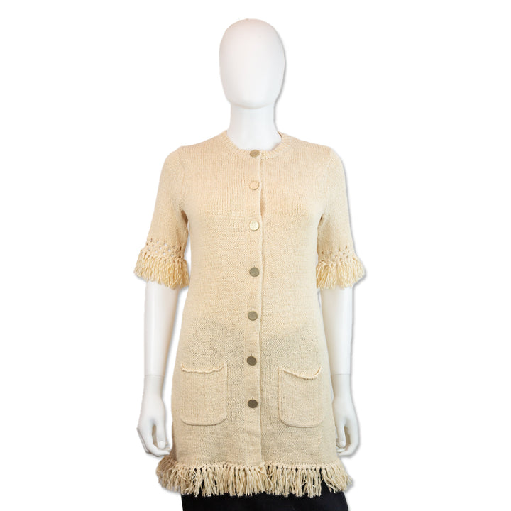 Worth Cream Cotton/Nylon Knit Fringe Trim Button Down Long Cardigan