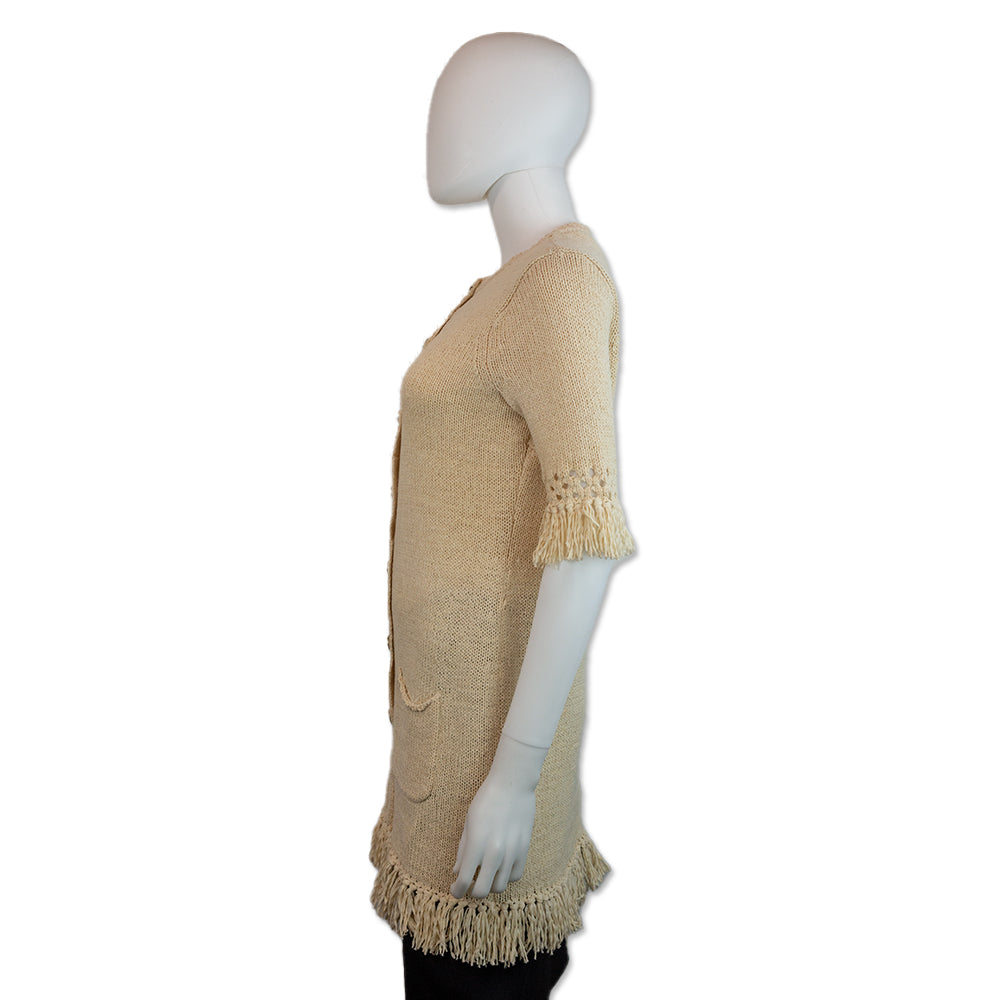 Worth Cream Cotton/Nylon Knit Fringe Trim Button Down Long Cardigan