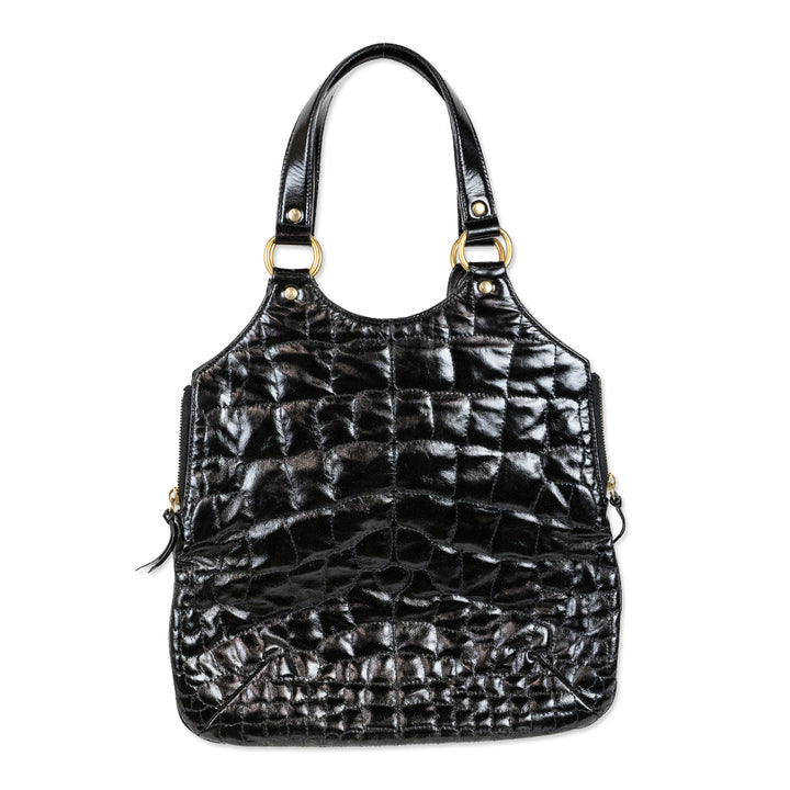 Yves Saint Laurent Rive Gauche Black Croc Quilted Patent Leather Metropolis Tribute Bag