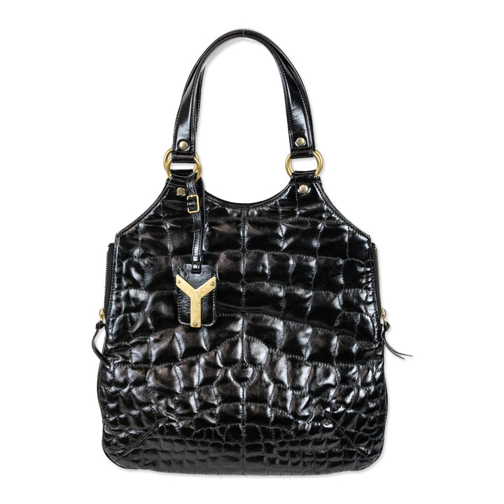 Yves Saint Laurent Rive Gauche Black Croc Quilted Patent Leather Metropolis Tribute Bag