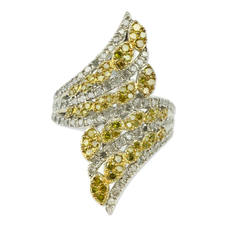 Yellow and White Diamond Bypass Ring in Platinum Over Sterling Silver