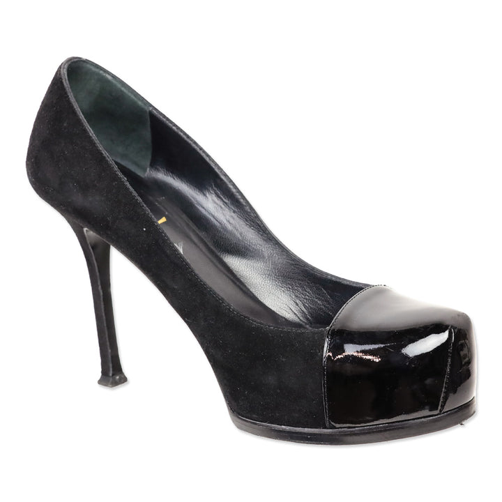 Yves Saint Lauren Black Suede and Patent Leather Cap-Toe Tribtoo 80 Pumps