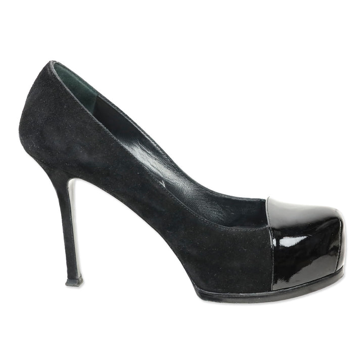 Yves Saint Lauren Black Suede and Patent Leather Cap-Toe Tribtoo 80 Pumps