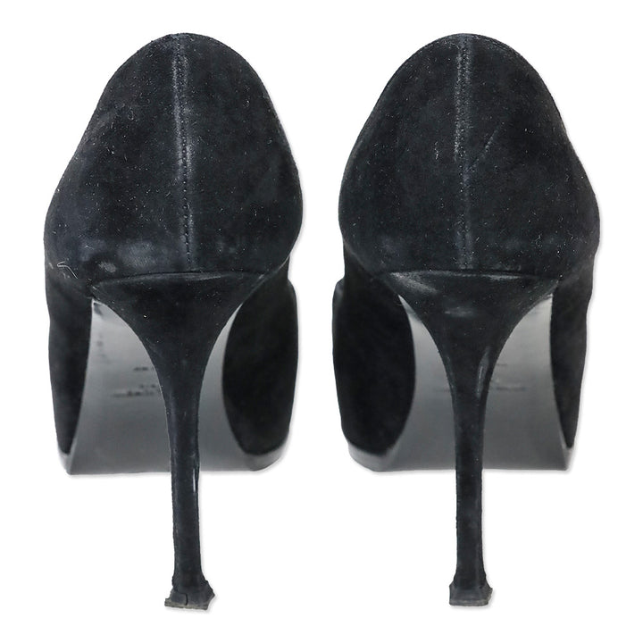 Yves Saint Lauren Black Suede and Patent Leather Cap-Toe Tribtoo 80 Pumps