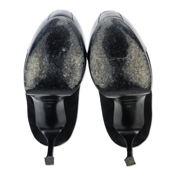 Yves Saint Lauren Black Suede and Patent Leather Cap-Toe Tribtoo 80 Pumps