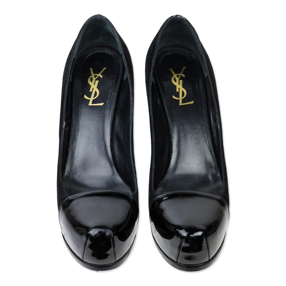 Yves Saint Lauren Black Suede and Patent Leather Cap-Toe Tribtoo 80 Pumps