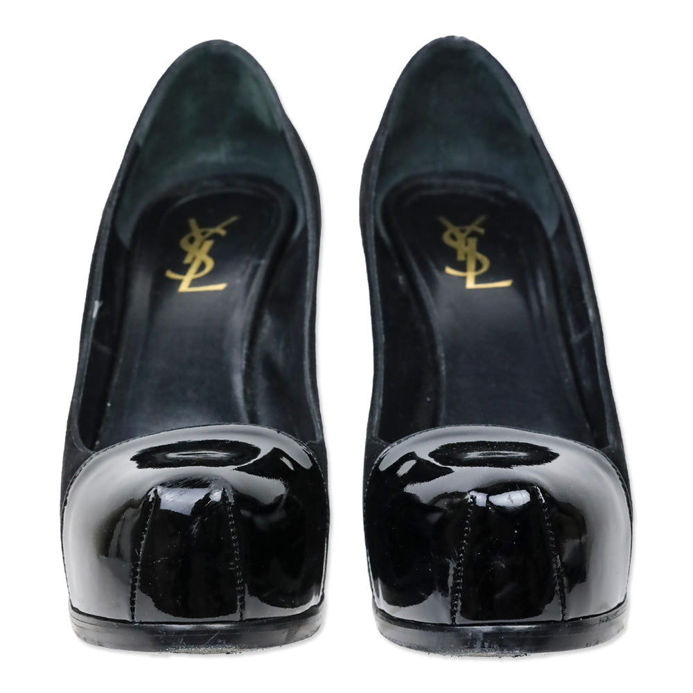 Yves Saint Lauren Black Suede and Patent Leather Cap-Toe Tribtoo 80 Pumps