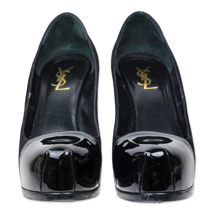 Yves Saint Lauren Black Suede and Patent Leather Cap-Toe Tribtoo 80 Pumps