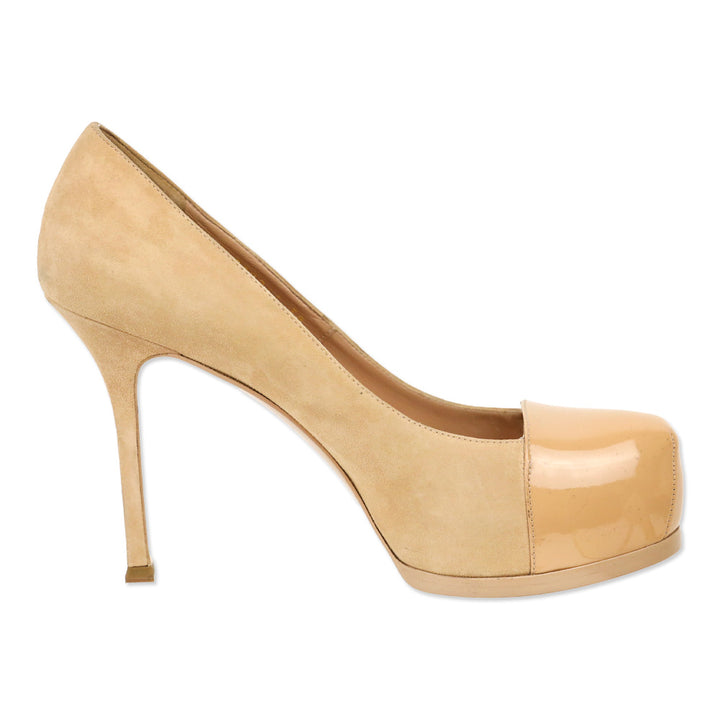 Yves Saint Lauren Nude Suede and Patent Leather Cap-Toe Tribtoo 80 Pumps