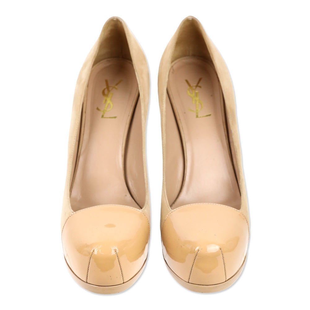 Yves Saint Lauren Nude Suede and Patent Leather Cap-Toe Tribtoo 80 Pumps
