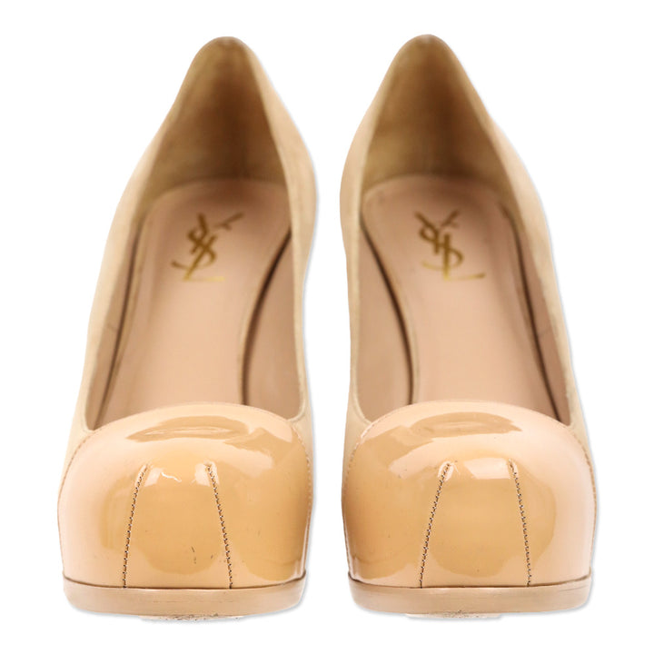 Yves Saint Lauren Nude Suede and Patent Leather Cap-Toe Tribtoo 80 Pumps