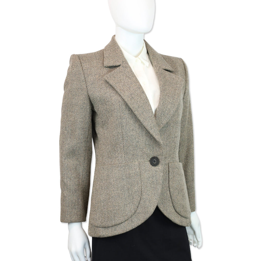 Yves Saint Laurent Beige Herringbone Tweed Single Button Blazer