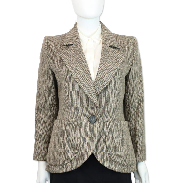 Yves Saint Laurent Beige Herringbone Tweed Single Button Blazer