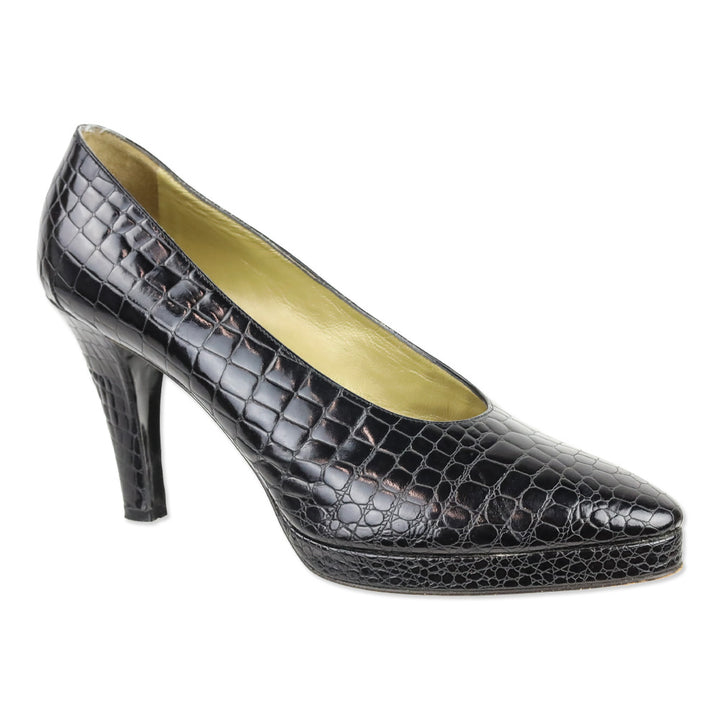 Yves Saint Laurent Black Croc-Embossed Leather Platform Pump