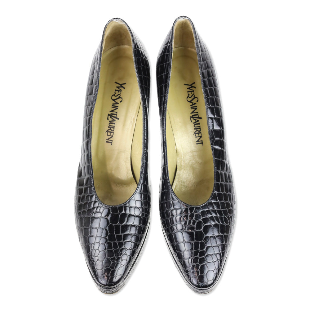 Yves Saint Laurent Black Croc-Embossed Leather Platform Pump