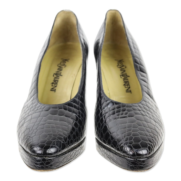 Yves Saint Laurent Black Croc-Embossed Leather Platform Pump