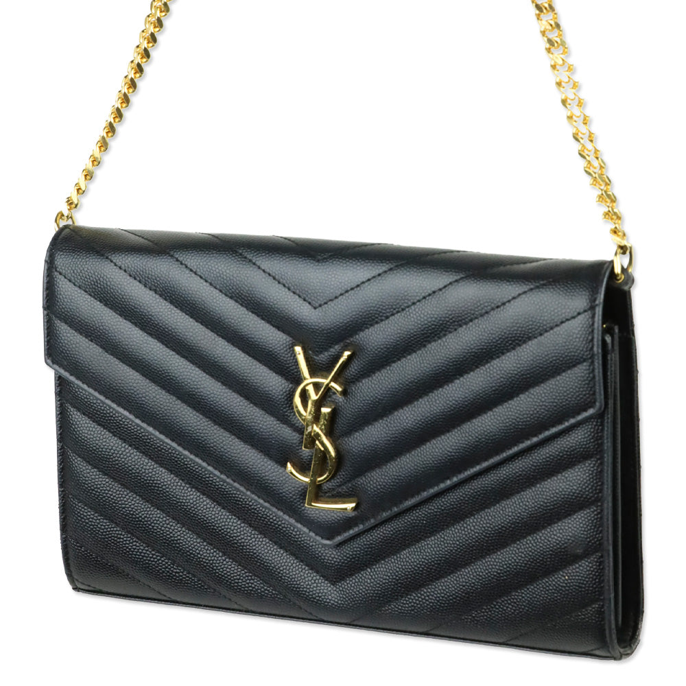 Yves Saint Laurent Black Grain de Poudre Leather Classic Cassandre Chain Wallet