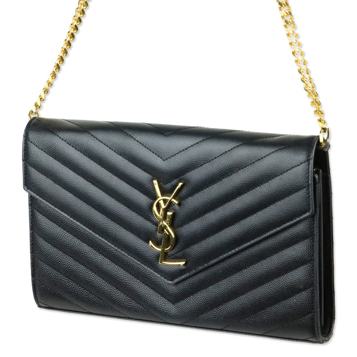 Yves Saint Laurent Black Grain de Poudre Leather Classic Cassandre Chain Wallet