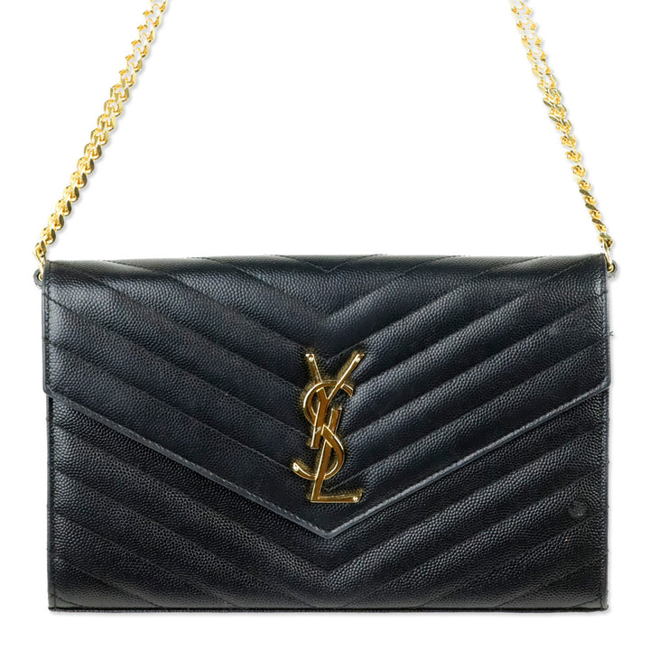 Yves Saint Laurent Black Grain de Poudre Leather Classic Cassandre Chain Wallet