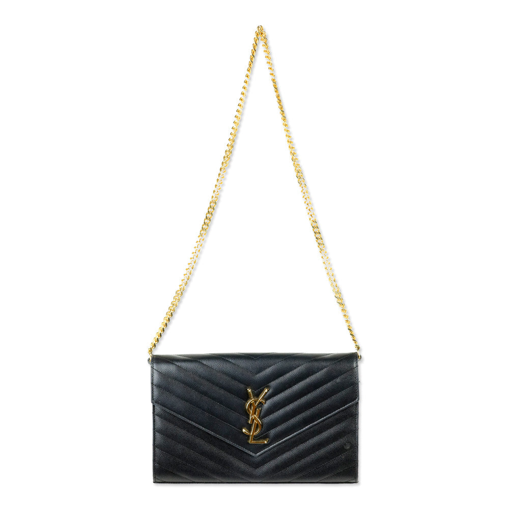 Yves Saint Laurent Black Grain de Poudre Leather Classic Cassandre Chain Wallet
