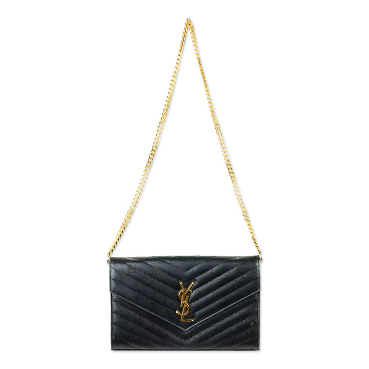 Yves Saint Laurent Black Grain de Poudre Leather Classic Cassandre Chain Wallet