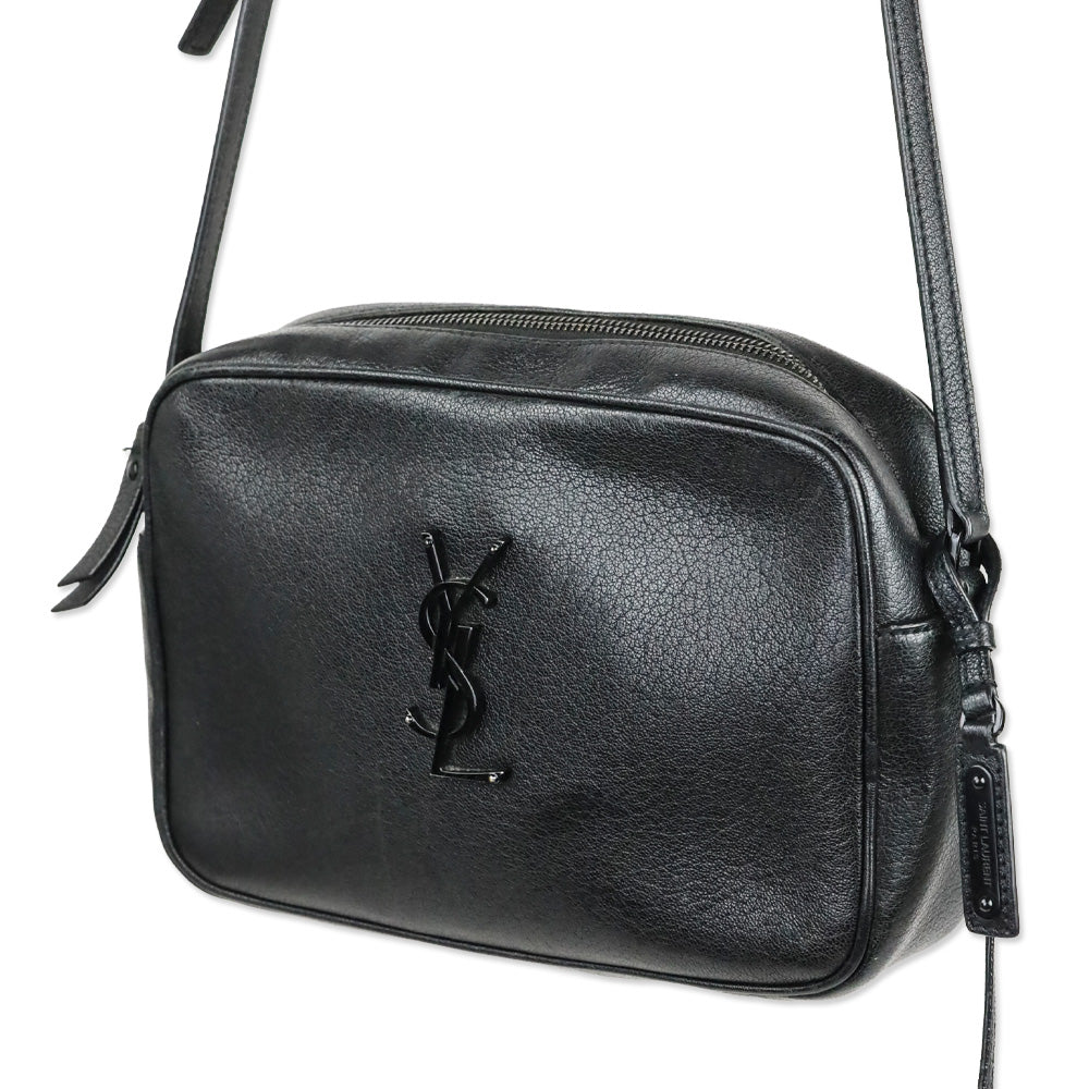 Yves Saint Laurent Black Lambskin Logo Lou Camera Bag with Tassel