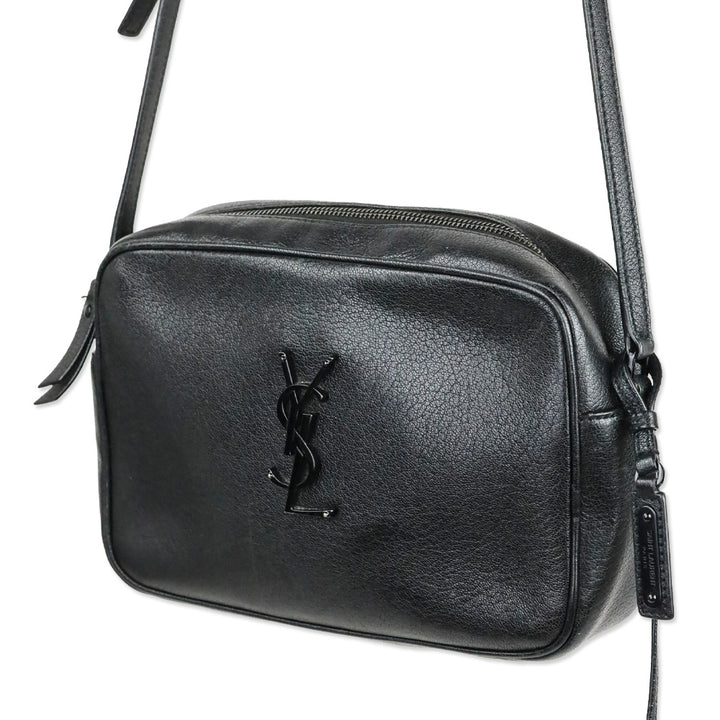 Yves Saint Laurent Black Lambskin Logo Lou Camera Bag with Tassel