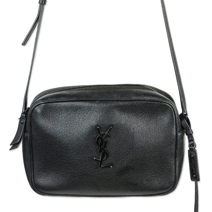 Yves Saint Laurent Black Lambskin Logo Lou Camera Bag with Tassel