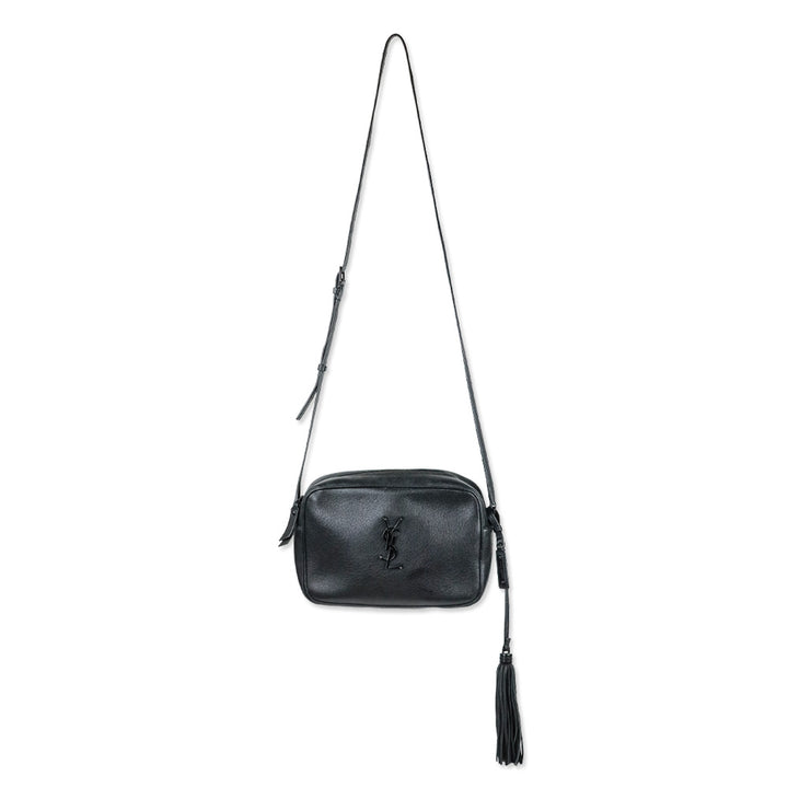 Yves Saint Laurent Black Lambskin Logo Lou Camera Bag with Tassel