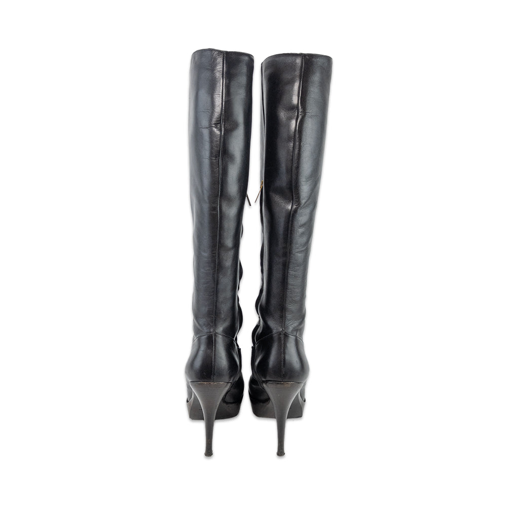 Yves Saint Laurent Black Leather Platform Stiletto Knee High Boots