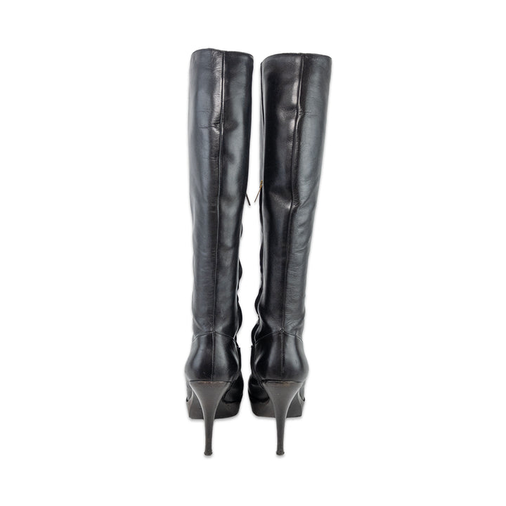 Yves Saint Laurent Black Leather Platform Stiletto Knee High Boots