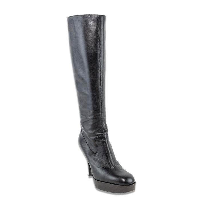 Yves Saint Laurent Black Leather Platform Stiletto Knee High Boots