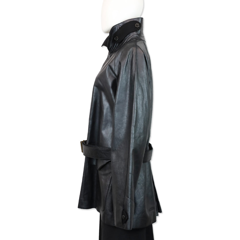 Yves Saint Laurent Black Leather Wool Lined High Collar Belted Coat