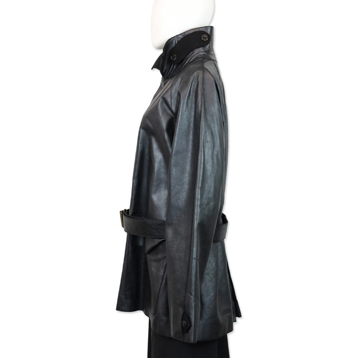 Yves Saint Laurent Black Leather Wool Lined High Collar Belted Coat