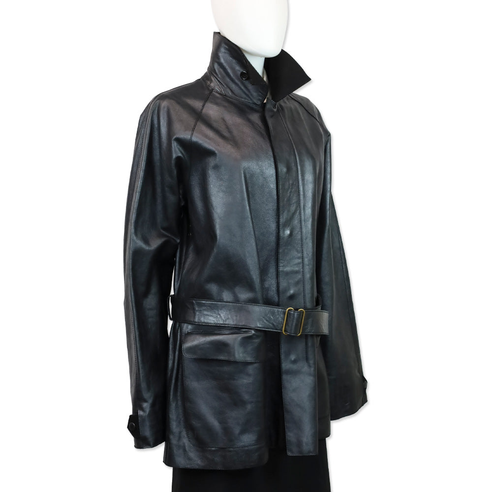 Yves Saint Laurent Black Leather Wool Lined High Collar Belted Coat