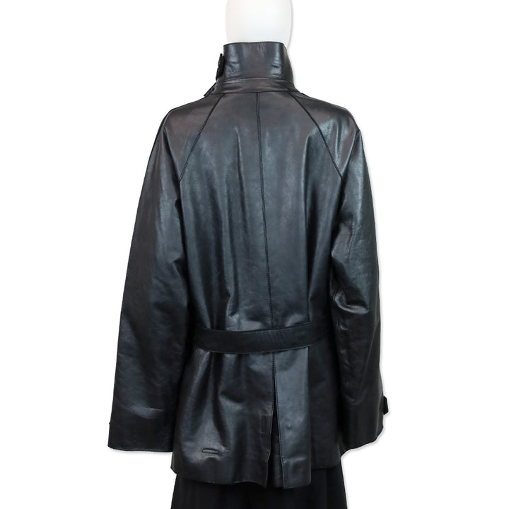 Yves Saint Laurent Black Leather Wool Lined High Collar Belted Coat