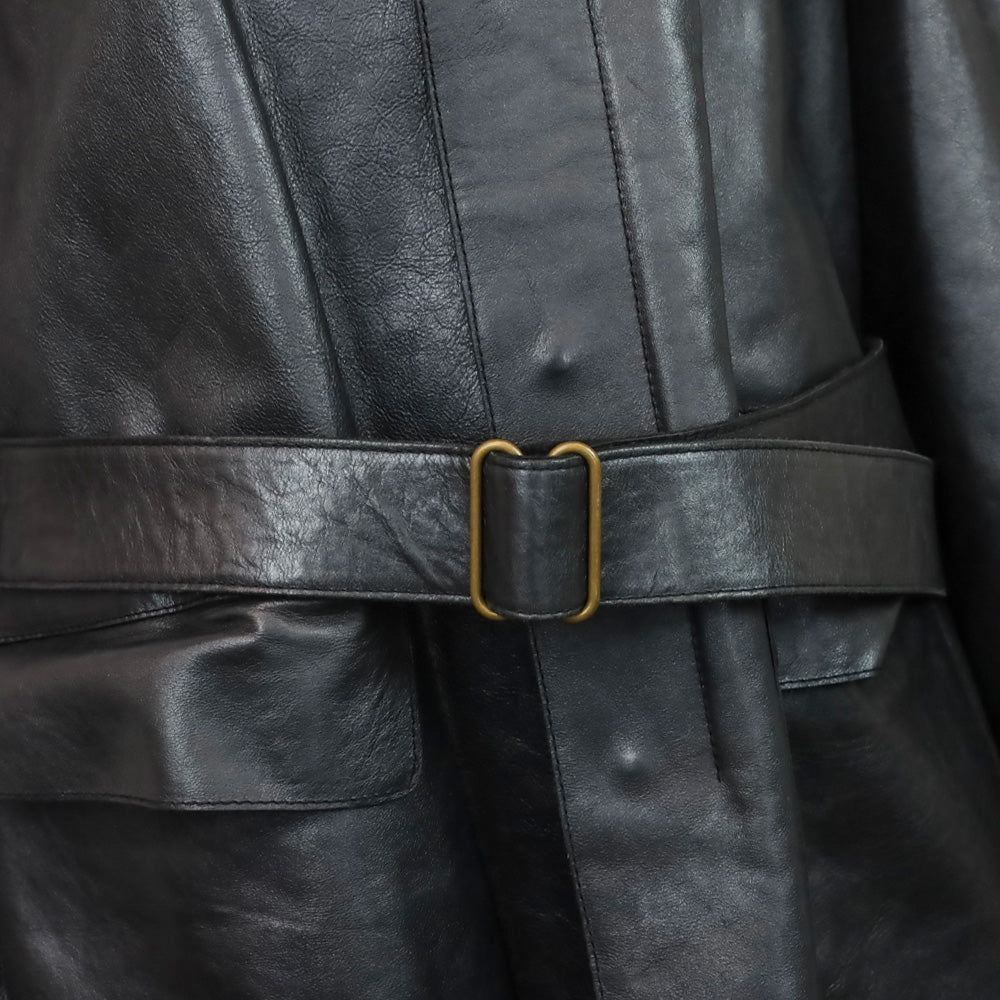 Yves Saint Laurent Black Leather Wool Lined High Collar Belted Coat