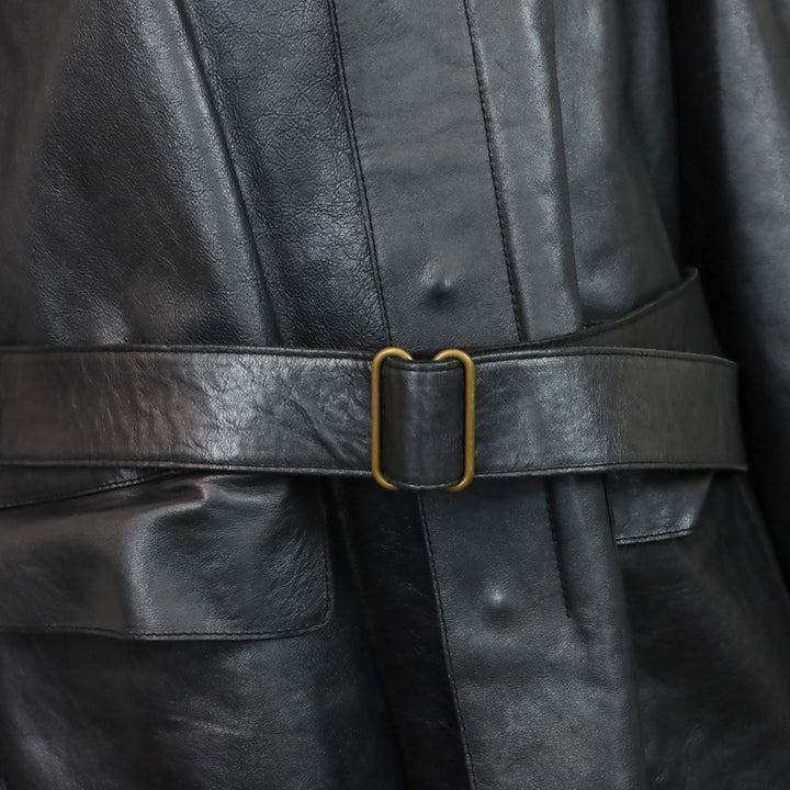 Yves Saint Laurent Black Leather Wool Lined High Collar Belted Coat