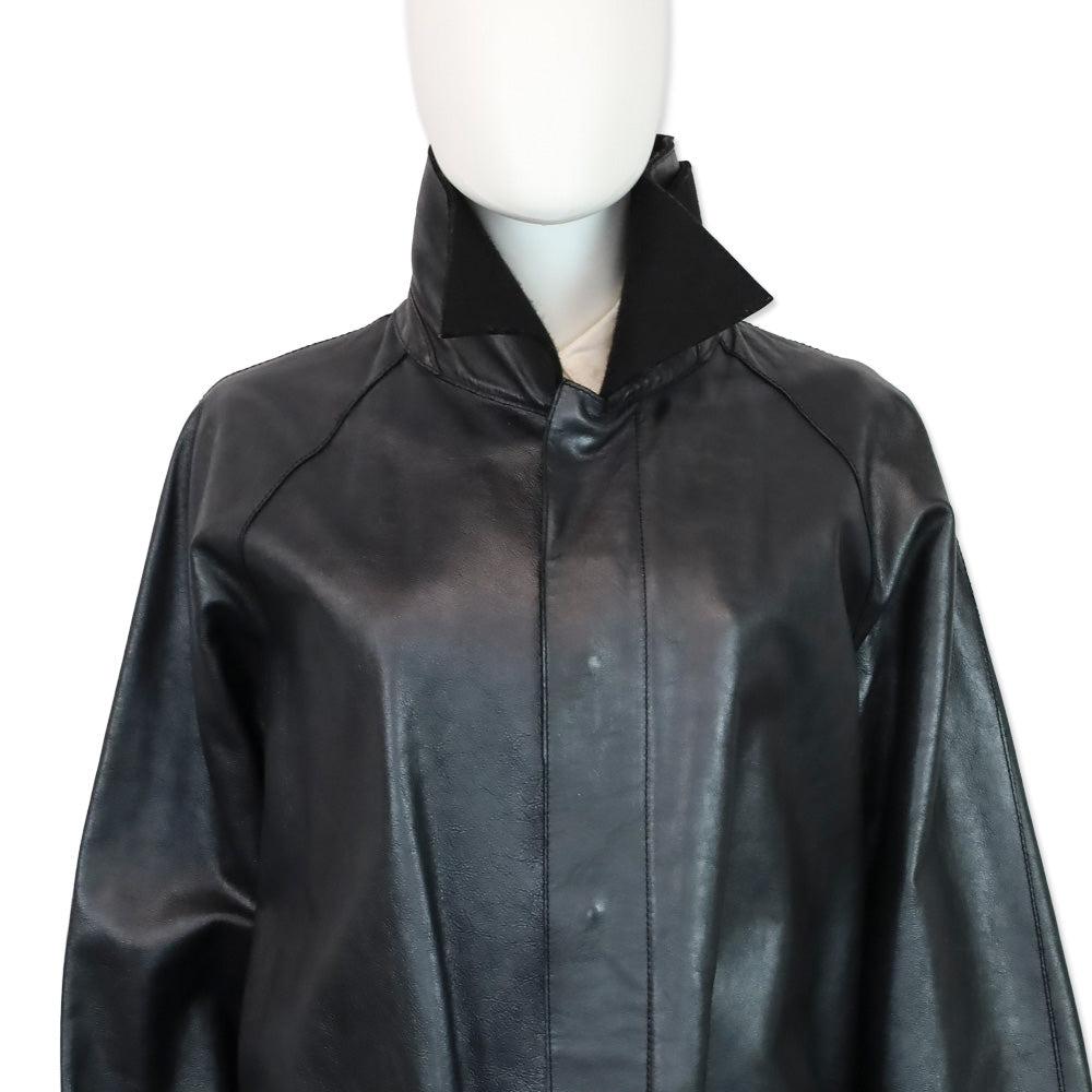 Yves Saint Laurent Black Leather Wool Lined High Collar Belted Coat