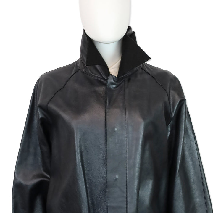 Yves Saint Laurent Black Leather Wool Lined High Collar Belted Coat