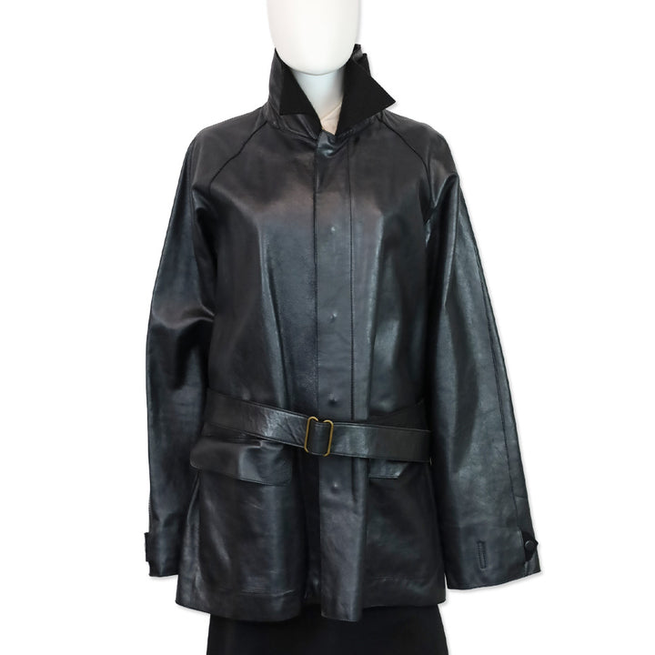 Yves Saint Laurent Black Leather Wool Lined High Collar Belted Coat