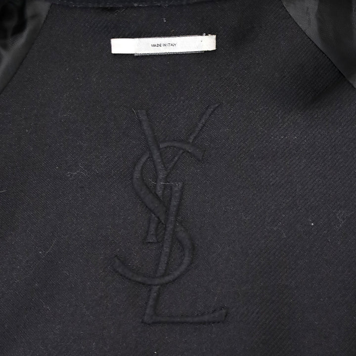 Yves Saint Laurent Black Leather Wool Lined High Collar Belted Coat