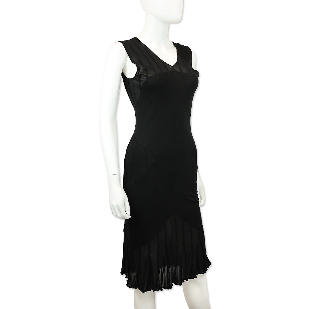 Yves Saint Laurent Black Ribbed Mesh Lettuce Hem Sleeveless Midi Dress