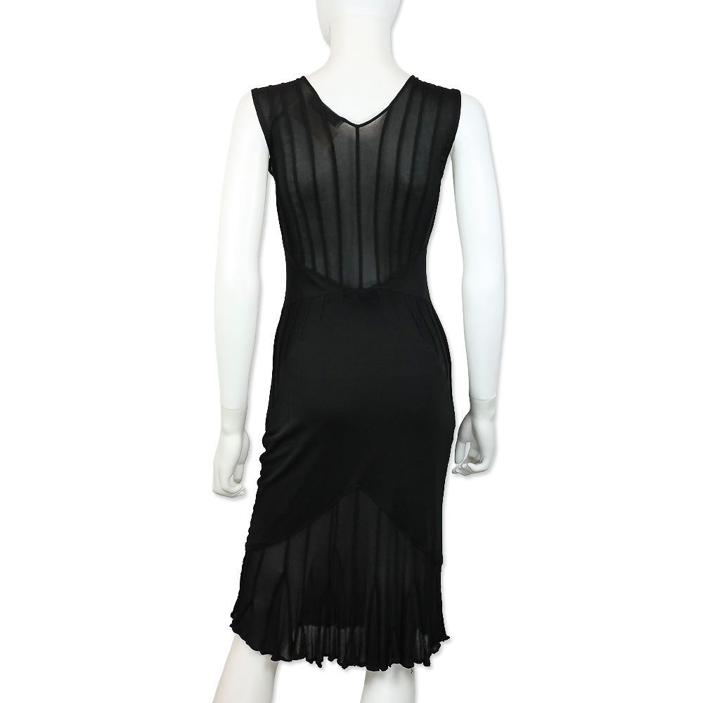 Yves Saint Laurent Black Ribbed Mesh Lettuce Hem Sleeveless Midi Dress